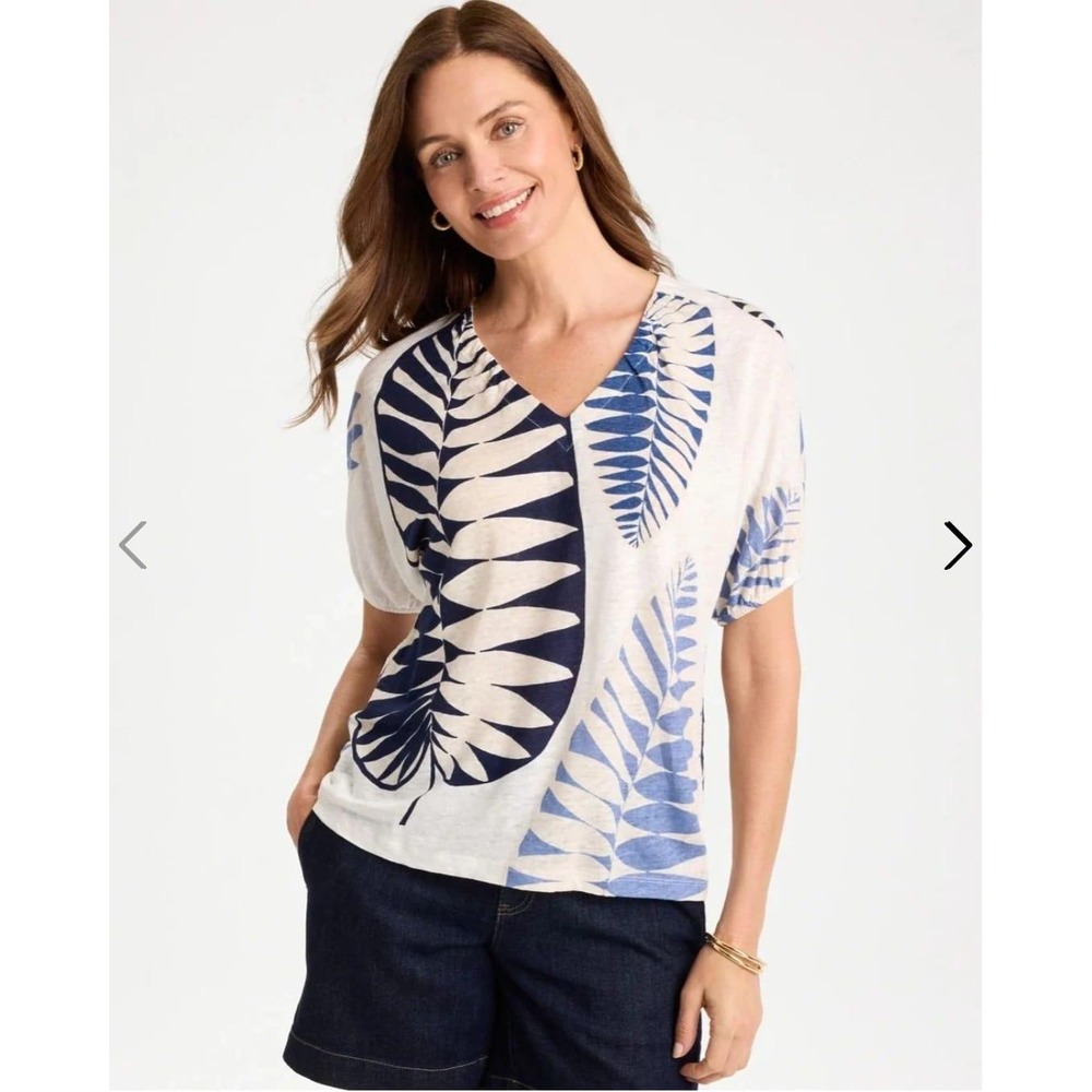 Chicos Women Blue White Linen Blend Tropical Leaf V-Neck Dolman Top Size 2 L